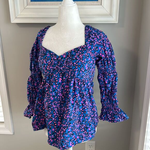 Lilly Pulitzer Preslee Blue Pink Dot Long Sleeve Top 4 - Picture 4 of 11